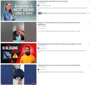YouTube search result screenshot "is blogging dead"