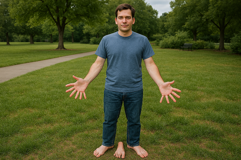 AI generated image showing a man standing in a park with extra fingers and an extra foot