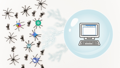 Graphical representation of AI spiders being blocked by a computer inside a force field bubble.