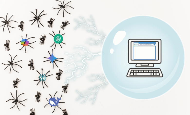 Graphical representation of AI spiders being blocked by a computer inside a force field bubble.