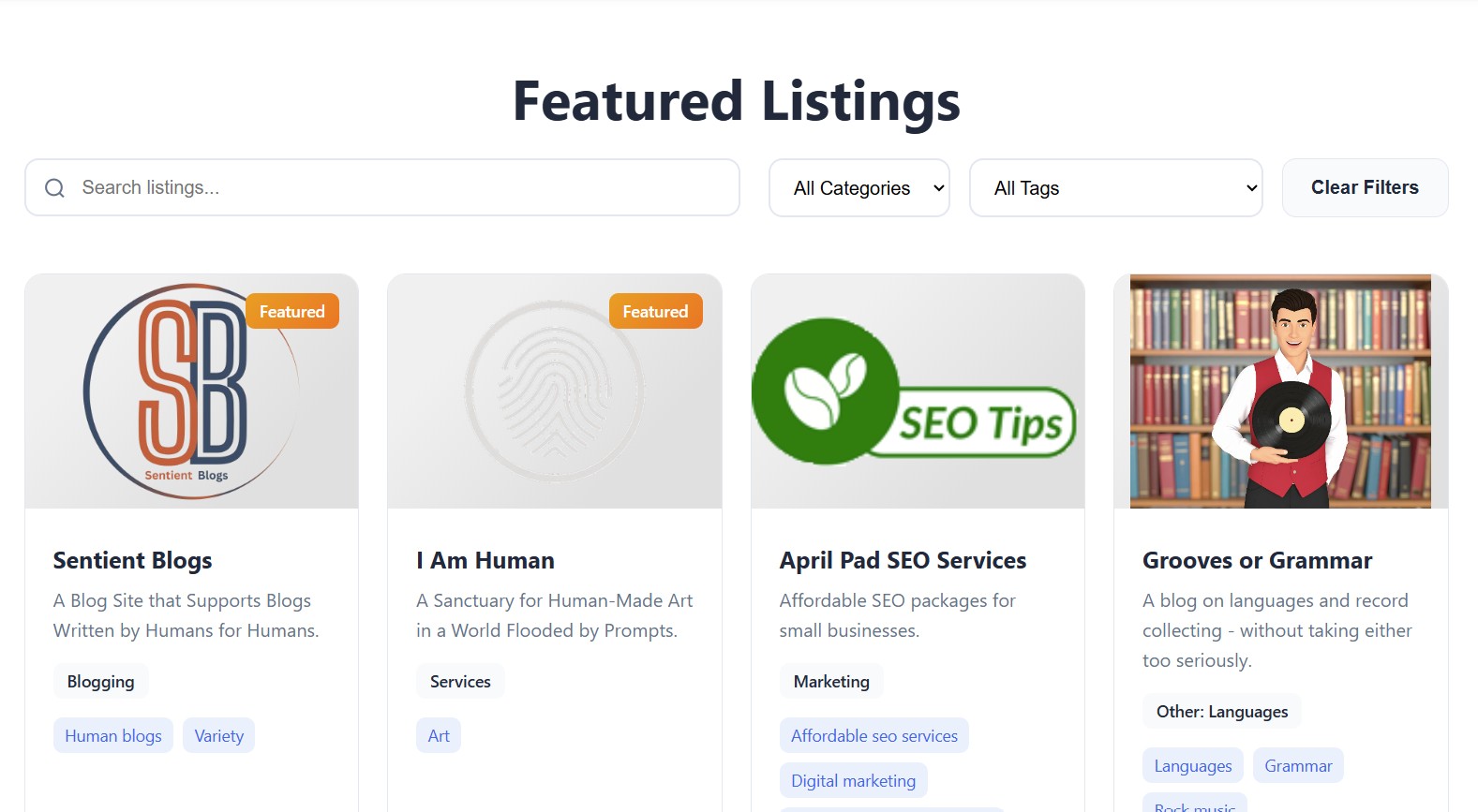 Featured Listings - Sentient Sites Screenshot of the 'Featured Listings' section of Sentient Sites website