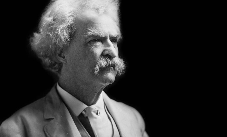 black & white portrait image of Mark Twain