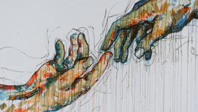 Sketched drawing of two hands coming together, index fingers touching.